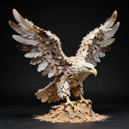 pieces of a ripped flag!!!, chicken feathers and saw dust molten and restructured into a beautiful!!!, abstract!!!!!!! sculpture of an eagle, black backdrop, high contrast, award winning photo, dslr, high quality