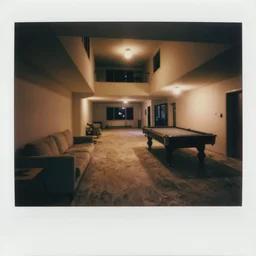 polaroid photograph of a new finished dimly lit basement of a middle class home with a couch and a pool table at night, empty, light from upstairs, warmly lit, massive long twisting hallways, strange architecture, creepy, void