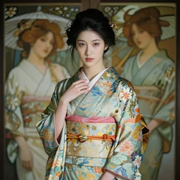 a beautiful woman wearing a colorful yukata, by jeremy mann and alphonse mucha, dramatic lighting, ethereal