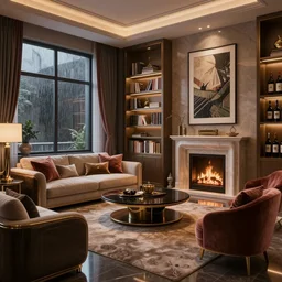 3 5 mm photo of a tastefully decorated cyberpunk living room with luxurious furnishings and a mix of futuristic furniture, book shelf, art hanging on wall, fireplace, winery, detailed decor, windows, raining outside, atmospheric lighting, highly detailed environement, 4 k rtx hdr volume light concept studio, environement, artstation