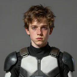 portrait of a man by greg rutkowski, he looks like tye sheridan, he is about 2 0 years old, messy brown hair, tired eyes, he is wearing a black and white kevlar superhero suit, highly detailed portrait, digital painting, artstation, concept art, smooth, sharp foccus ilustration, artstation hq