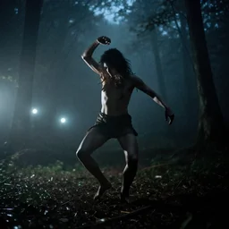 a smudged, scratched, grainy and blurry photograph showing the whole body of a human creature dynamically and frenetically dancing in the dark forest. it's a wild and unpredictable dance. in the foggy woods, night time, flash lights