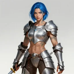 muscular young female warrior in knight armor, short blue hair, fantasy, with lots of tattoos, art by joseph leyendecker, peter mohrbacher, ruan jia, finnian macmanus, marc simonetti, dean cornwell, ayami kojima, vasnetsov, cedric peyravernay, alphonse mucha