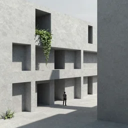 brutalist architechiture, Japanese minimalism, shadowplay, a man, grey tones, vegetation creeping in, surreal, depth, 3D model, ultra sharp, height perspective, depth, 8k, futuristic, textured