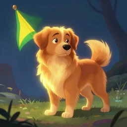 beautiful picture of stray, Stray caramel dog and a green and yellow flag | very short fur | glowing colors, fantasy art, trending on artstation, cgsociety, nice composition, great fantasy mood, classic Disney mood