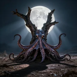 a big old dead tree that looks an octopus in front of the moon with a dark detailed shadow on the ground. octane render, cinematic photo, amazing light rays
