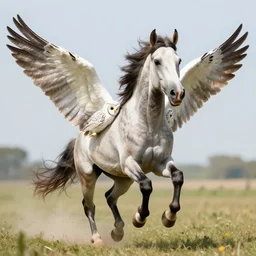 a winged appaloosa horse is flapping its wings while running. an appaloosa horse with owl wings on it's sides. high quality digital art