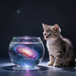 photograph of a kitten staring at a fish bowl filled with a spiral galaxy.