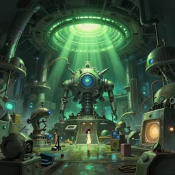 interior of a scifi mechanical laboratory, green light, cluttered with machinery and mechanical equipment, artificial intelligence, parabolic lighting, epic composition, wide angle, by miyazaki, nausicaa ghibli, breathe of the wild