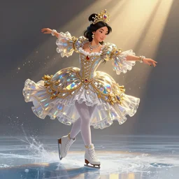digital concept paintings of disney's mulan in a rococo style, ice skating, by nixeu, by artgerm, by greg rutkowski, iridescent and gold and crystal, fullbody, intricate jewelry, god rays, hyper detailed, character concept, glowing particulate, intricate, elegant, digital painting, artstation, smooth, sharp focus.