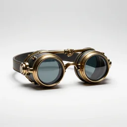 futuristic steampunk goggles, studio product photography, isolated on a pure white background, centered, entire object in frame, sharp focus, soft studio lighting
