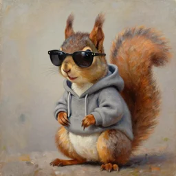 anthropomorphic squirell wearing a hoodie and sunglasses, oil painting by goya