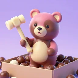 A pinkish chocolate bear is holding a white chocolate hammer while being inside a box and surrounded by chocolate candies. From Toy Story (1995), trending on artstation, 4k ultra hd, super detailed, octane render,