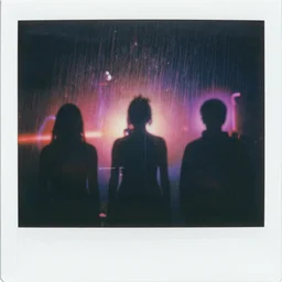 Polaroid of LSD DREAM SIMULATOR, silhouettes, threes, rain, reflection, double exposure, dramatic low-key neon lighting, light painting