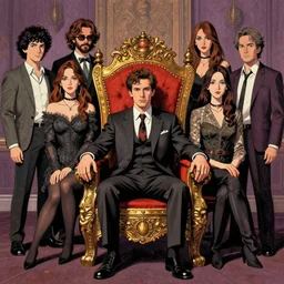 a man sitting in a throne, surrounded by your alternative personalities in lowbrow art style