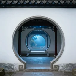 circular gate in a white wall that leads into another world. chinese architecture. fantasy. blue glow. detailed. smooth. sharp focus. trending on arstation. artist greg rutkowski.