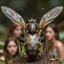 close up hyper realistic photo of insect, aesthetic!!! with human faces and body, full colour, upscale, 8 k, masterpiece
