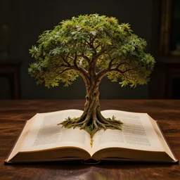 tree of life growing out of an opened book, on a wooden table, rim light, extremely detailed, masterpiece, artstation, cinematic lighting, photographic, by greg rutkowski and alphonse mucha