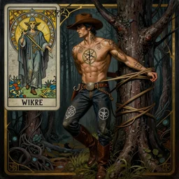 a dark art deco painting of a handsome cowboy tied to a tree with wiccan symbols painted on him | background is dark twisted woods | tarot! card, art deco, art nouveau | by Mark Maggiori | trending on artstation