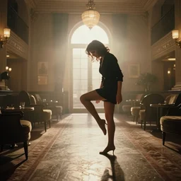 photorealistic wide shot cinematography of a beautiful woman sliding stockings on to her legs acting in a twilight zone episode shot on film at magic hour with the sun shining into a large 6 0's hotel lobby room filled with volumetric haze by the shining cinematographer john alcott on a cooke panchro 1 8 mm lens.