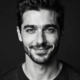 black and white close - up portrait shot, studio photograph of a male symmetrical handsome andrea belluci the painter artist, casual clothes, smile, intricate, elegant, highly detailed, hyper realistic, dark background, flickr, smooth, 4 k, 3 0 0 dpi, sharp focus, shot by canon