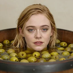 Elle Fanning’s face emerges from a barrel filled with olives in oil