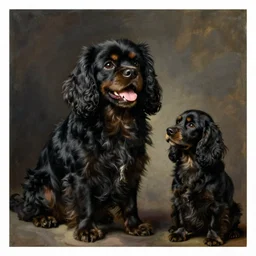 painting of a black fur, happy, smiling, black cavalier king charles spaniel cross with completely black cockerspaniel with black fur thinking about being a good boy. art by caravaggio