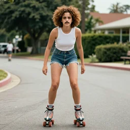 Emma Watson with an Afro and a mustache with hairy legs rollerblading
