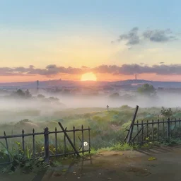 gouache matte painting!!!! a wholesome animation key shot of a cute empty sunrise march foggy landscape with broken metal fence and paris city in far distance, studio ghibli, pixar shinkai and disney animation, sharp, rendered in gouache painting, anime key art by makoto shinkai, greg rutkowski, bloom, dramatic, dynamic lighting