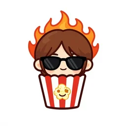 vector anime chibi style logo featuring a single piece of piece of popcorn with a smiling face and flames for hair, with john lennon sunglasses, popcorn as morpheus, clean composition, symmetrical