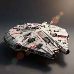 epic shot of the millenium falcon with red stripes, by annie leibovitz, anamorphic lens flares, glow, octane render