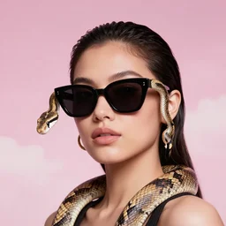 portrait, fashion model, sunglasses, snakes, pink cloudy background, hyper detailed, photo realistic, vouge style photo