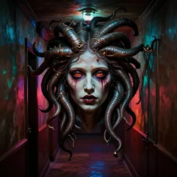 a hallway with colored lights at the end, the face of a medusa appears and heads straight for the camera, intricate, highly detailed horror art by beksinski