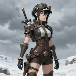 girl with steampunk weapons and uniform, serious, intense, finely detailed, made by artgerm, full body portrait, illustration, snow, snowing, cloudy, anime, side view, perfect anime face, realistic face, zoomed out, smooth, brown eyes, high waisted shorts, sharp focus, key visual of your name