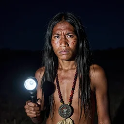 full figure of a hopi shaman, 4 6 yo, annoyed look, skin pores, scars, skin condition, straight hair, in the night, flash light, sigma 8 5 mm, hdr, nikon 2 8 mm f / 1. 8 g, by sebastiao salgado