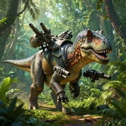 a brontosaurus with battle armor and mounted guns walking in a lush jungle, unreal engine, hyperrealistic, volumetric lighting, raytraced