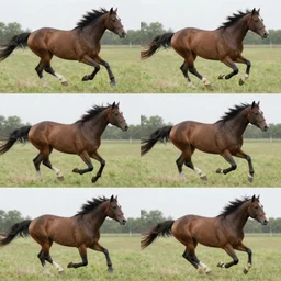 4 progressive frames of a horse running frame - by - frame from the same video clip