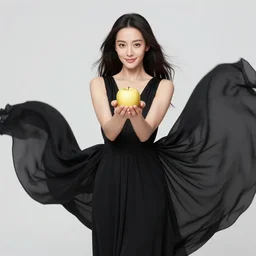 photo still of woman with black flowing dress offering a golden apple, 8 k, studio lighting bright ambient lighting key light, 8 5 mm f 1. 8