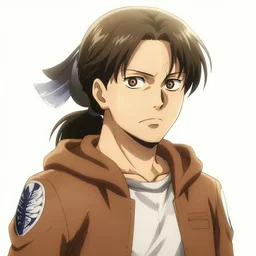 a man in his late twenties with long light brown hair tied back, a widows peak and a round face wearing a hoody, in the style of attack on titan, digital art