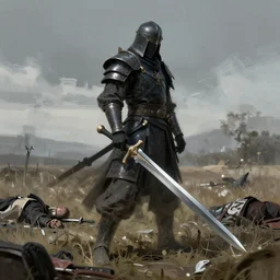 abstract warrior with powerful sword standing on field, dead bodies around him