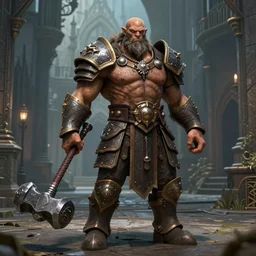 detailed realistic face full body portrait octane render of a muscular beautiful goliath in daedric - armor, ultra wide shot, battlehammer with darkmagic, poising for the camera, on an medieval gothic street, in the style of greg rutkowski and hans zatzka, digital art, sharp focus, highly realistic
