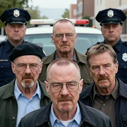 Live Action Still of The Three Stooges evading the cops in Breaking Bad, real life, hyperrealistic, ultra realistic, realistic, highly detailed, detailed, very detailed, cool, ultra detailed, very realistic, trending on artstation, epic, HD quality, 8k resolution, body and headshot, film still, real, detailed faces, very detailed faces, real life