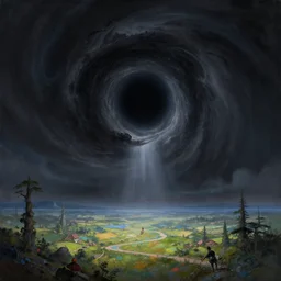 a sinister painting of a giant black hole over a beautiful fantasy landscape, volumetric light, artstation, high detail, perfect