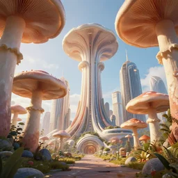 large buildings inspired by mushrooms, 4k, photorealistic 3d render, volumetric lighting, solarpunk, futurism