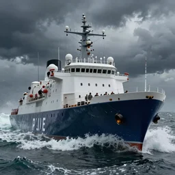 ship being persecuted by a police ship over raging turbulent waters, hyper realistic, highly detailed, digital art, apocalyptic, intimidating lighting, raytracing, sharp focus, smooth, romanticism