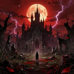 abandoned bloodborne old valley with a person at the centre and a ruined gothic castle at the end, trees and stars in the background, falling red petals, epic red - orange moonlight, perfect lightning, wallpaper illustration by niko delort and kentaro miura, 4 k, ultra realistic