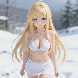 winter picture : a shivering very beautiful grown blond anime girl, longest blond hair, longest blond hair, longest blond hair, longest blond hair, longest blond hair, longest blond hair, detailed sky blue eyes, cute, bikini, white miniskirt, highly detailed, cinematic wallpaper by stanley artgerm lau