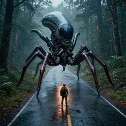 drone footage of soldier against huge alien arachnoid bug from starship troopers movie on the old road in the forest lomography photo, playstation 5 screenshot, fine details, rain, rtx reflections, fog, night, photorealistic, unreal engine, octane render, volumetric light, featured on cg society, 4 k, 5 0 mm bokeh