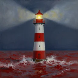 a beautiful painting of a singular lighthouse, shining its light across a tumultuous sea of blood by greg rutkowski and thomas kinkade, trending on artstation. - n 9