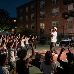 photorealistic render of an old school hip hop concert taking place on a basketball court at night behind a large brick apartment from the view of a rapper that is standing on stage yelling into the mic looking out into a crowd of people dancing with their hands in the air, a dj with audio equipment at the back of the stage, octane render